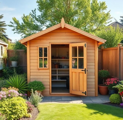 A professionally installed garden shed perfectly positioned in a landscaped backyard.