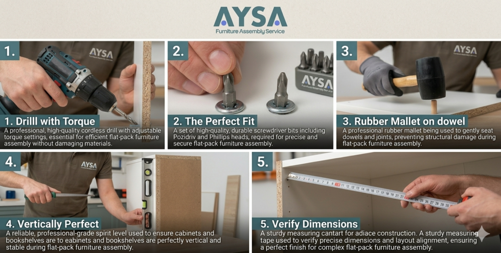 A comprehensive guide by AYSA Furniture Assembly Service showing the 5 essential tools for efficient and professional flat-pack furniture assembly.