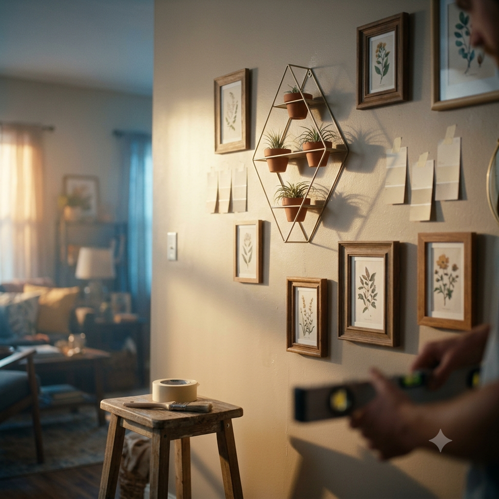 Freshly painted neutral accent wall showcasing home improvement ideas on a budget.