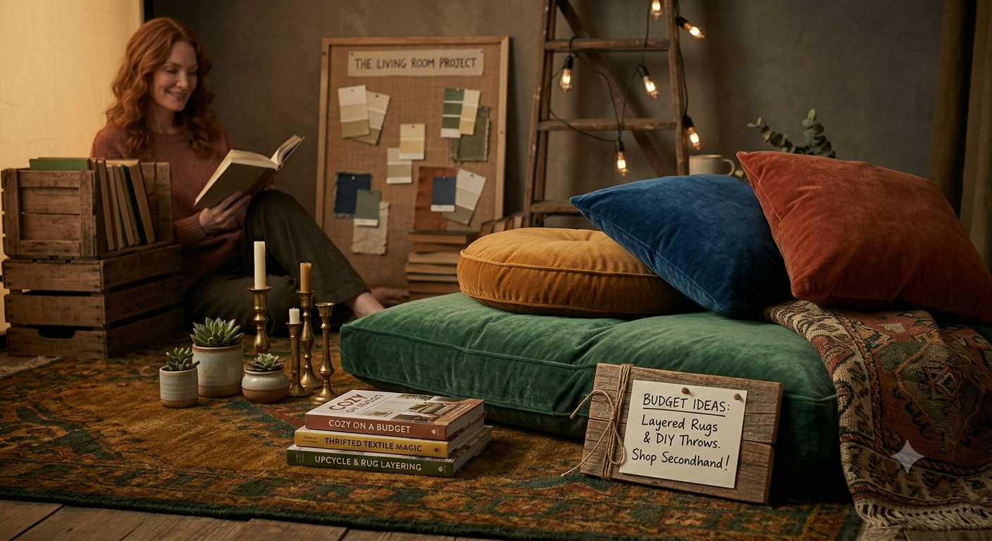 Layered velvet cushions and wool rug used for home improvement ideas on a budget.