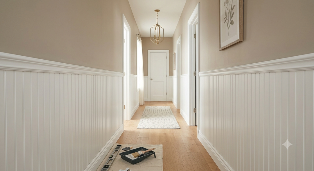 Wainscoting paneling installed in a hallway for home improvement ideas on a budget.