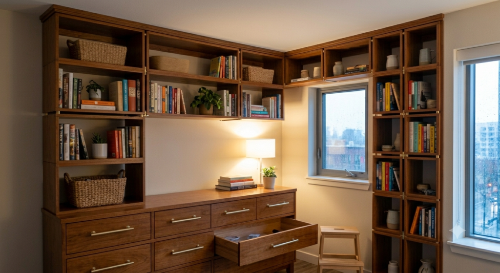 Custom floor-to-ceiling modular bookcase unit for home improvement ideas on a budget.