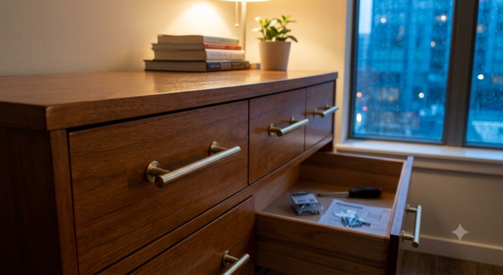 Modern brass drawer handles installed to upgrade home improvement ideas on a budget.