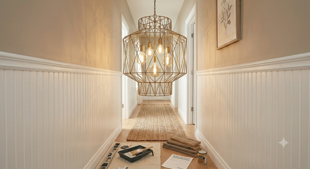 Oversized pendant light fixture enhancing home improvement ideas on a budget.