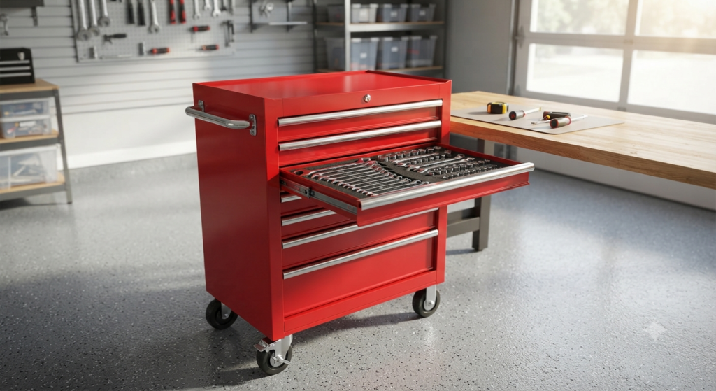  Red rolling tool box chest used for garage tool storage.