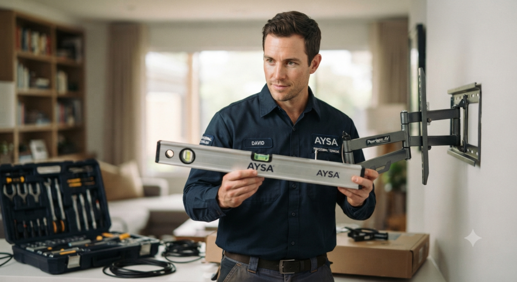 A photo of a branded AYSA van or a technician in uniform holding a professional-grade spirit level and a high-quality TV bracket.