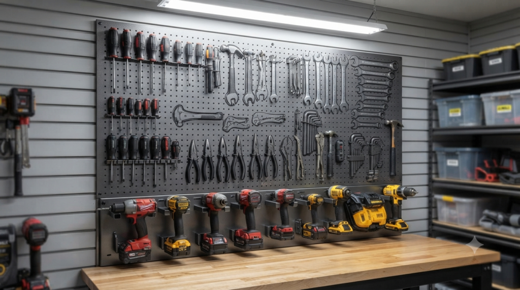  Garage tool storage wall featuring organized heavy equipment on pegboards.