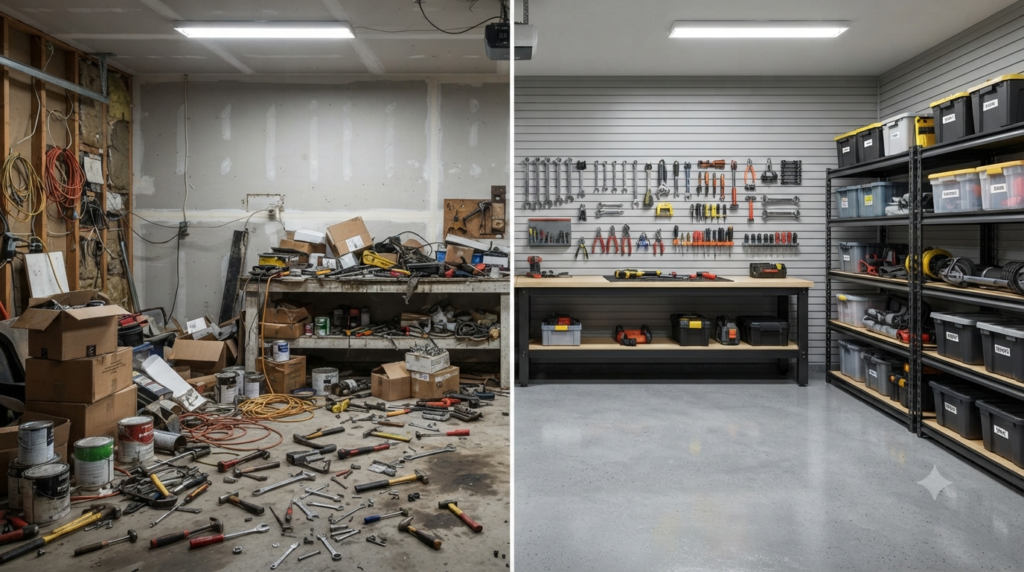  Before and after garage transformation showing effective garage tool storage.