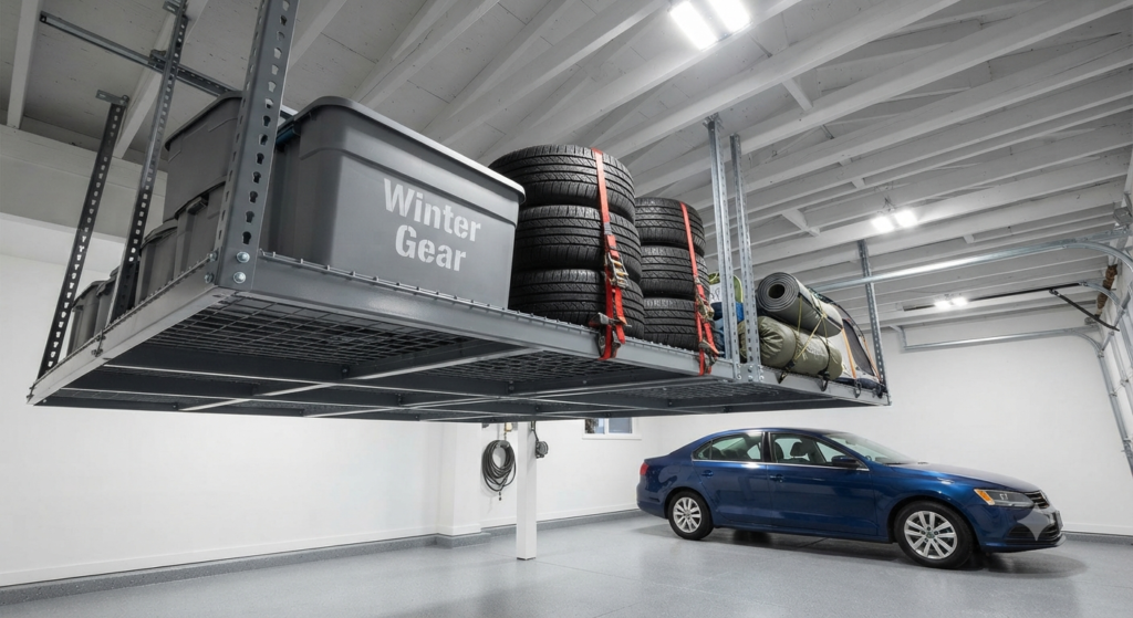  Overhead racks providing garage storage for bulky seasonal items.
